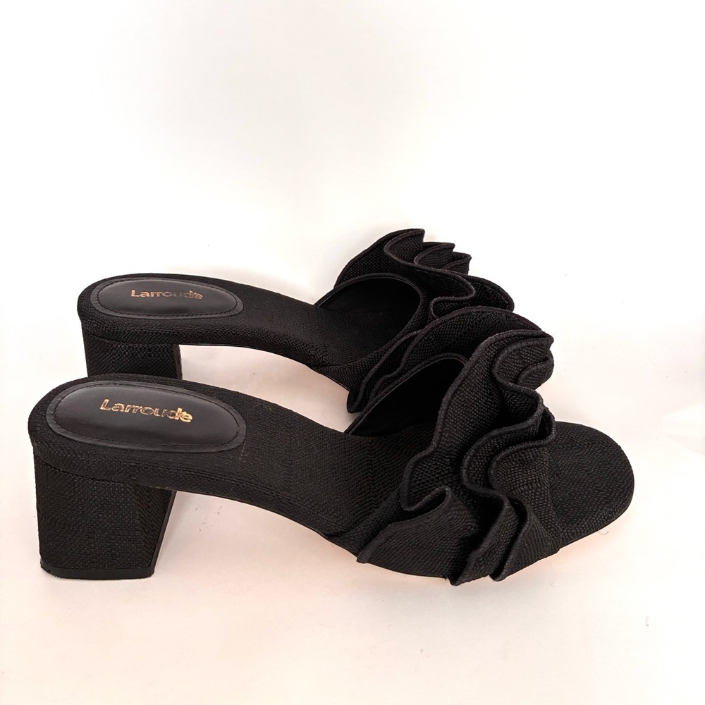 Larroude Brigitte Ruffle Raffia Block Heel Sandals (9.5) - Picture 3 of 13